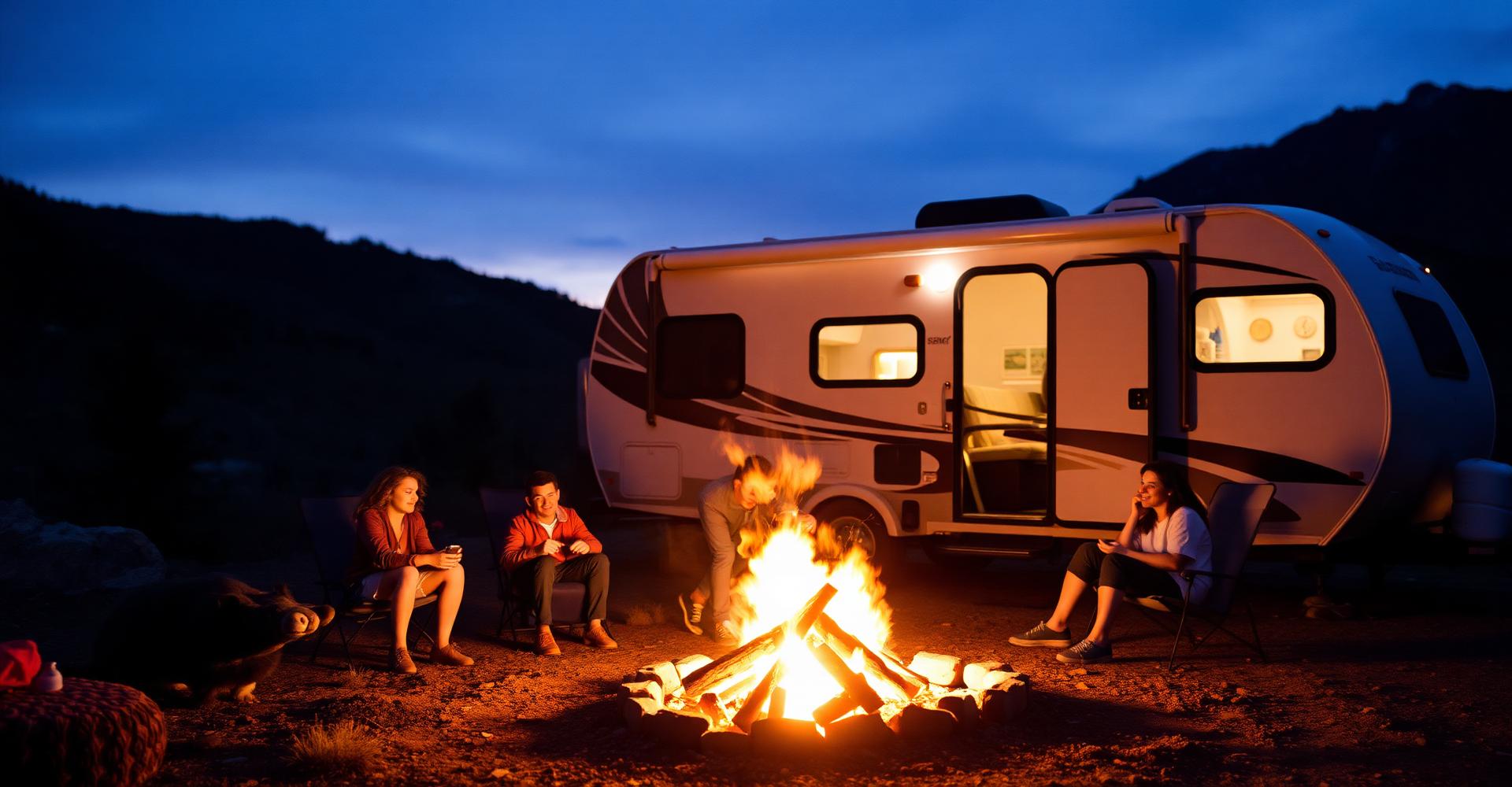 Family gathered around a campfire next to a trailer